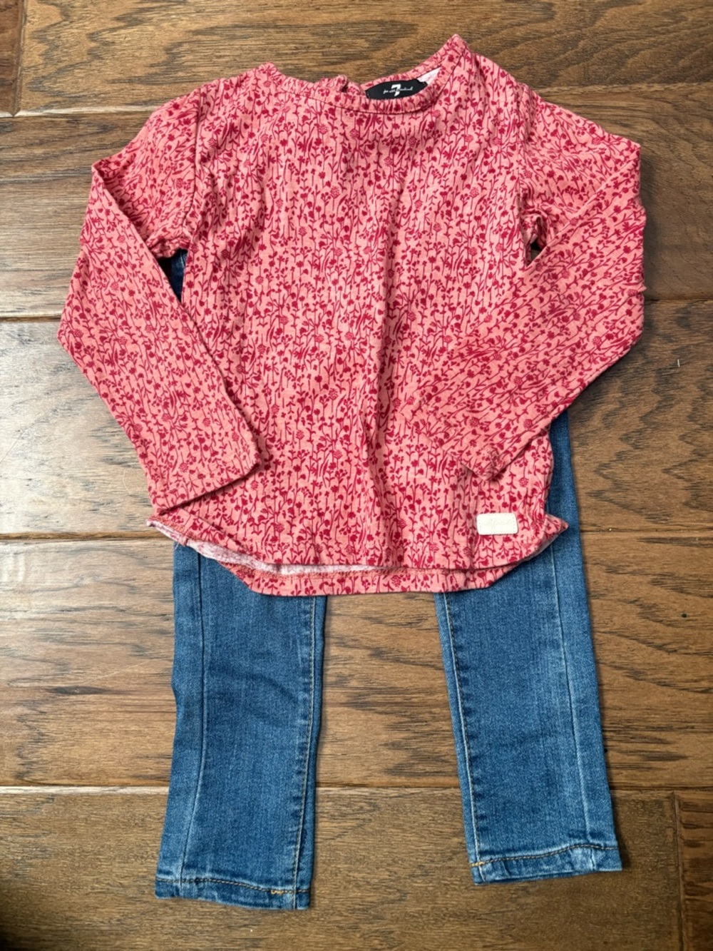 7 For All Mankind Kids Pink Floral Long-Sleeve Top with Blue Jeans Set